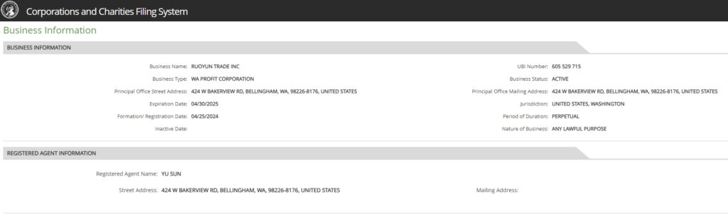 ruoyun trade inc washington state corporations filing system